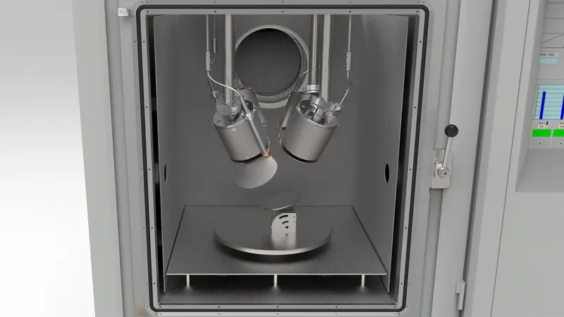 Dieses Bild zeigt die kompakte und vielseitig einsetzbare Nanolab Vakuumanlage. Mit einstellbaren Magnetrons und Ionenquelle, geeignet für F&E Zwecke. 