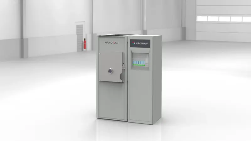 Dieses Bild zeigt die kompakte und vielseitig einsetzbare Nanolab Vakuumanlage. Mit einstellbaren Magnetrons und Ionenquelle, geeignet für F&E Zwecke.