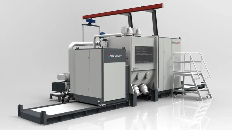 Auf dem Bild ist die NOVAWEB von HS-GROUP zu sehen – eine Plattform, die hohe Produktivität mit großer Flexibilität für Produktion und F&E vereint. Sie ermöglicht vielfältige Beschichtungsprozesse sowie die Integration zahlreicher Sensoren und ist ideal für Anwendungen wie ITO-Filme, FPCBs oder Smart Glass geeignet