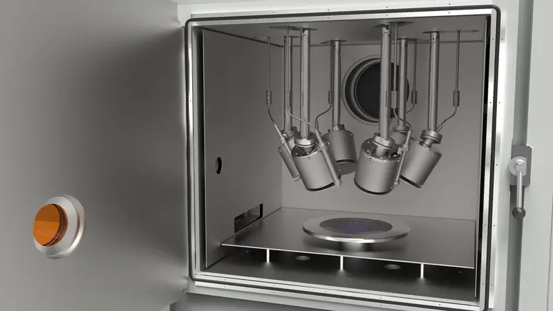 Dieses Bild zeigt die kompakte und vielseitig einsetzbare Nanolab Vakuumanlage. Mit einstellbaren Magnetrons und Ionenquelle, geeignet für F&E Zwecke. 