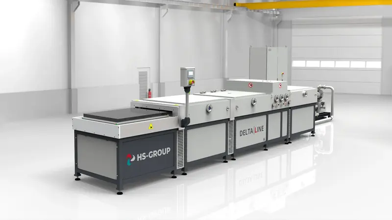 Dieses Bild zeigt die horizontale Inline Beschichtungsanlage der HS-Group in der Ausführung single end.